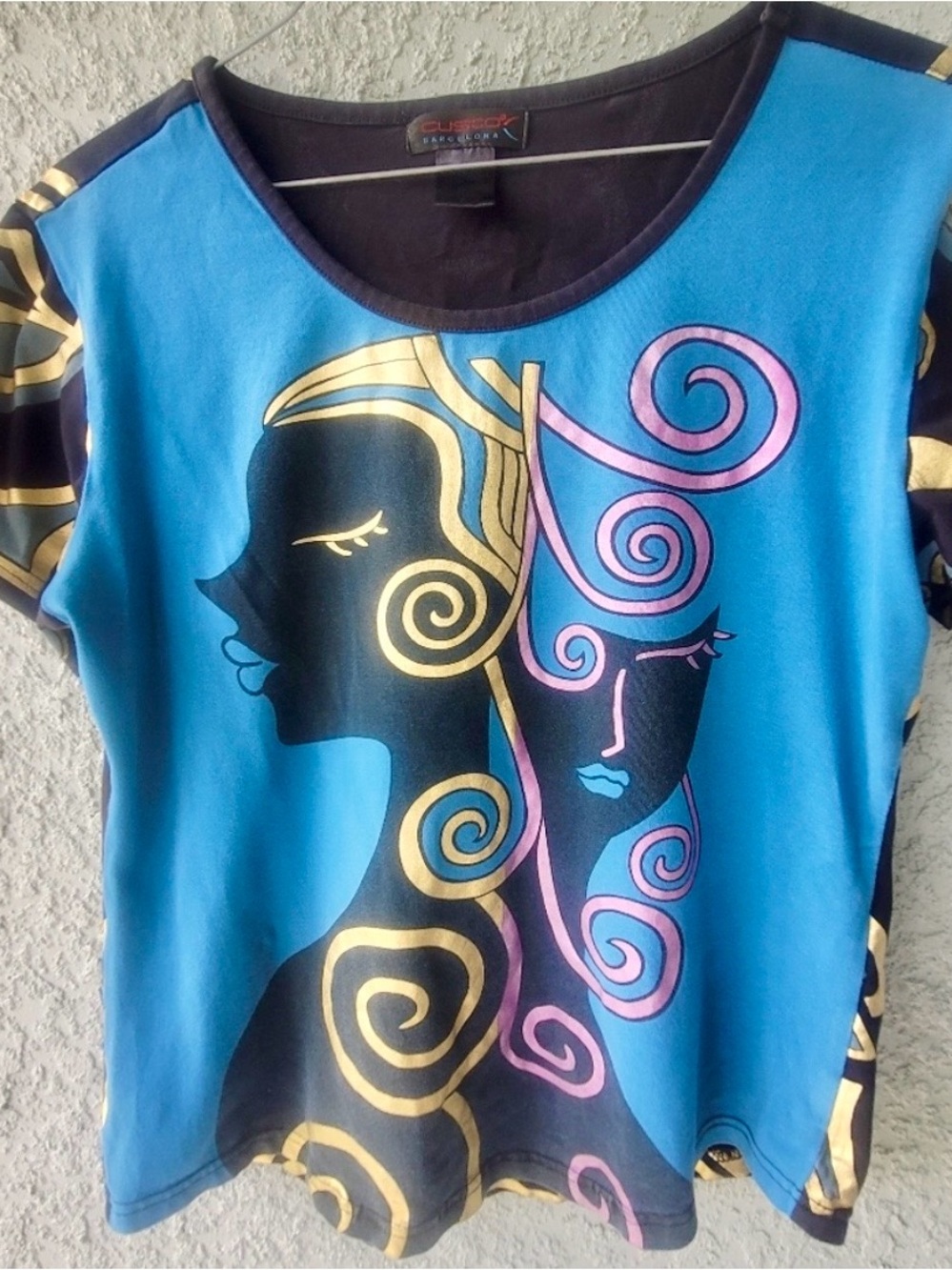 Custo Barcelona Blue Graphic Tee with Gold and Pink Accents